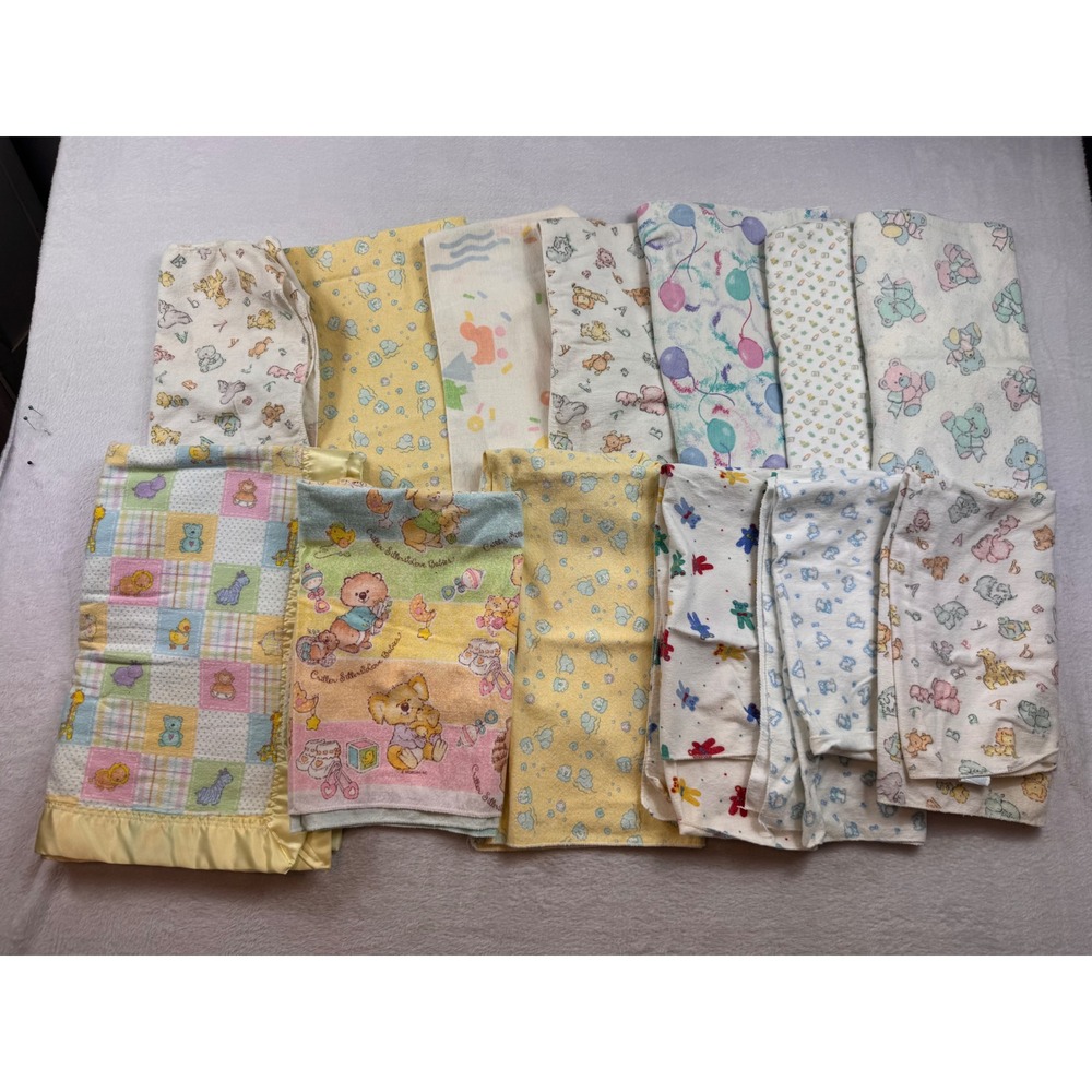 Vintage Baby Blanket Bundle Lot Riegel Cotton Quilted Satin Trim Nursery Pastels